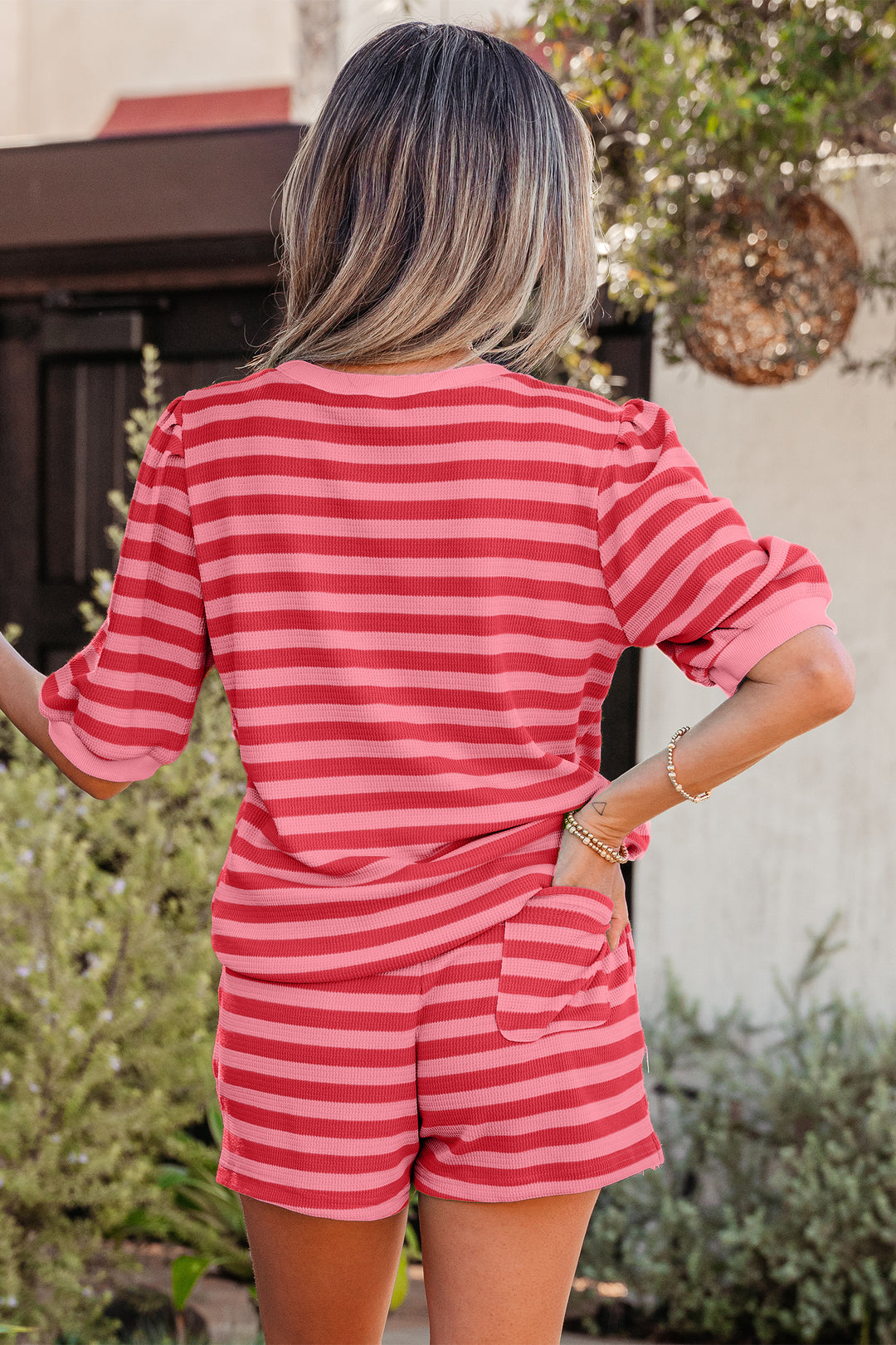 Yellow Stripe Puff Short Sleeve T Shirt Matching Shorts Set