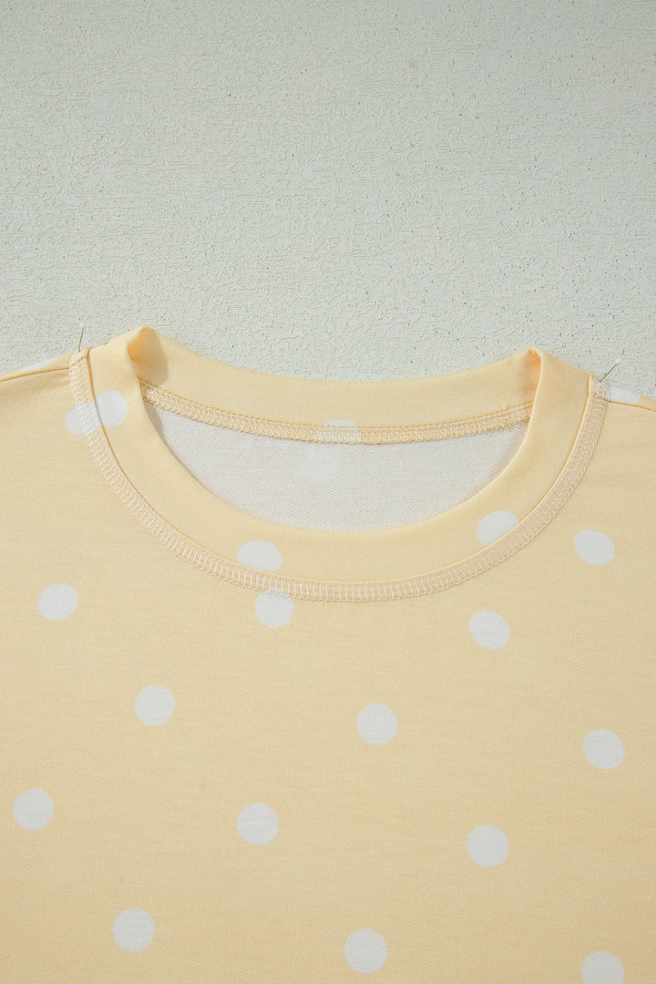 Yellow Exposed Seam Detail Polka Dot Loose Tee Drawstring Shorts Set