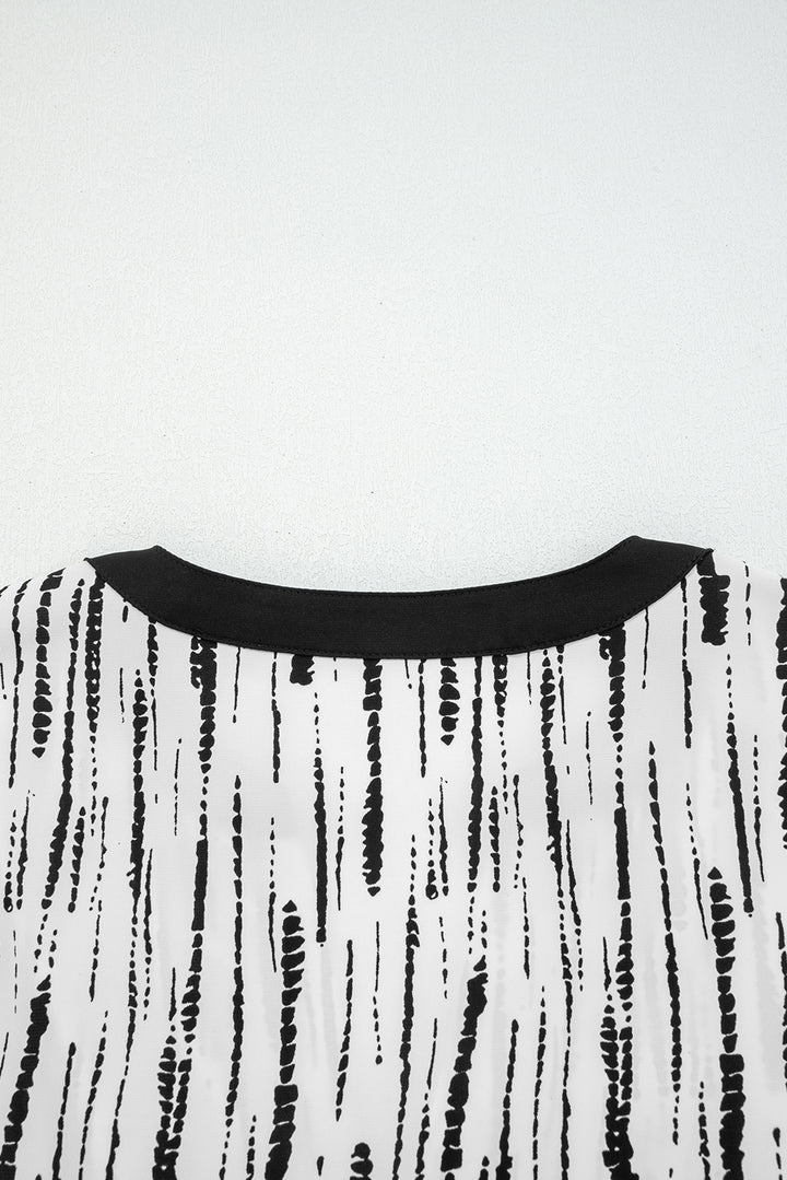 White Abstract Printed V Neck Fall Blouse