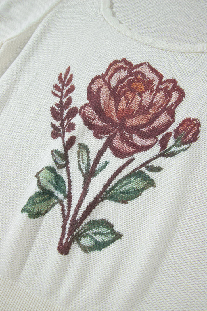 White Western Floral Print Short Sleeve Square Collar Knit Sweater