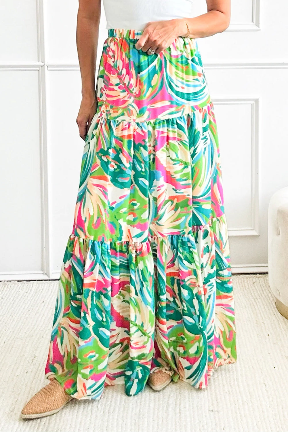 Green Abstract Printed High Waist Tiered Maxi Skirt | Women