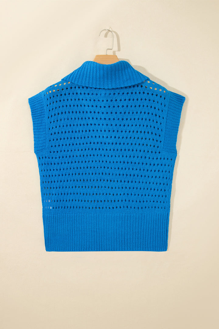 Sky Blue Solid Color Hollowed Knit Short Sleeve Zipper Collar Knitwear Top
