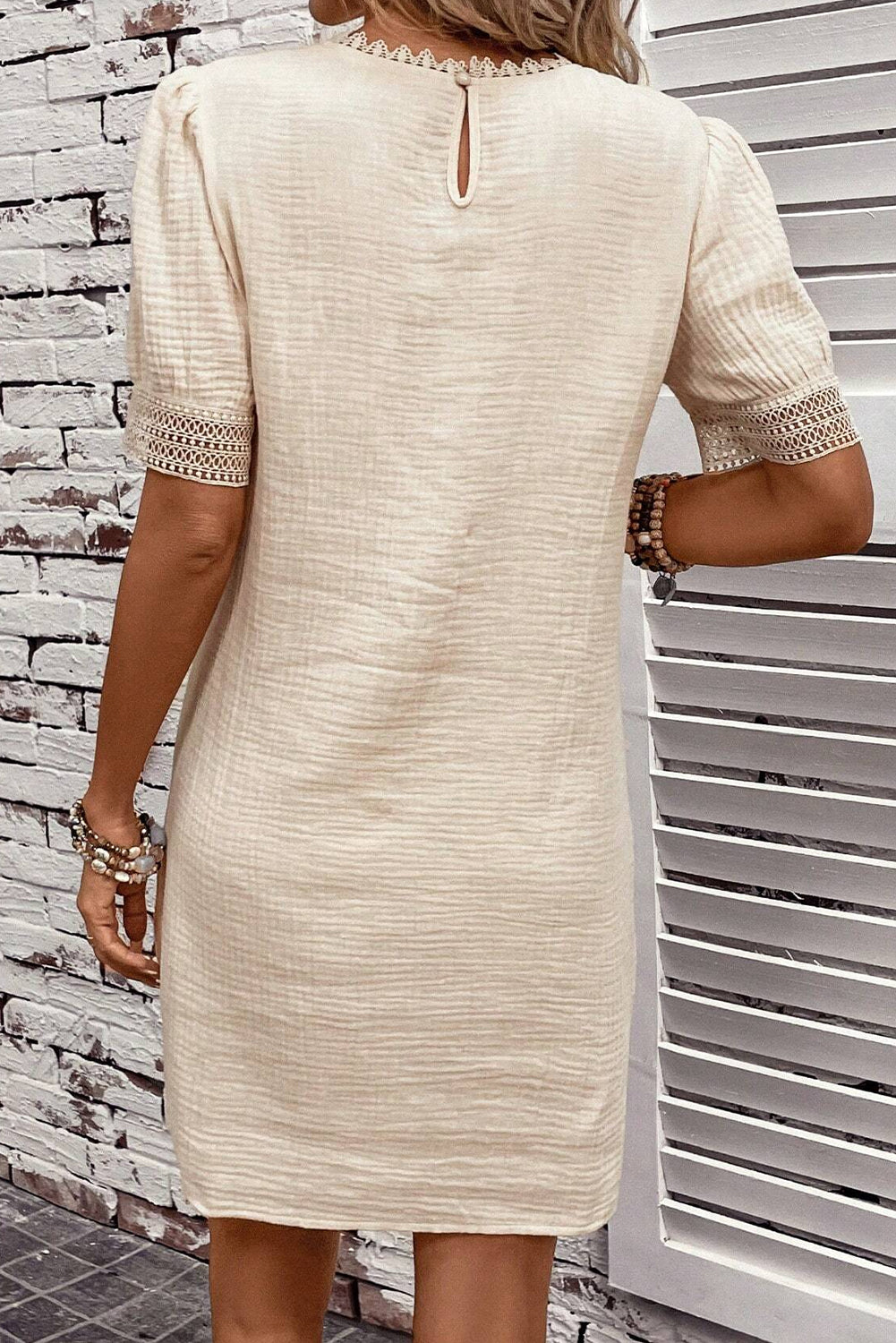 Beige Crinkle Lace Trim Puff Sleeve Shift Cotton Mini Dress