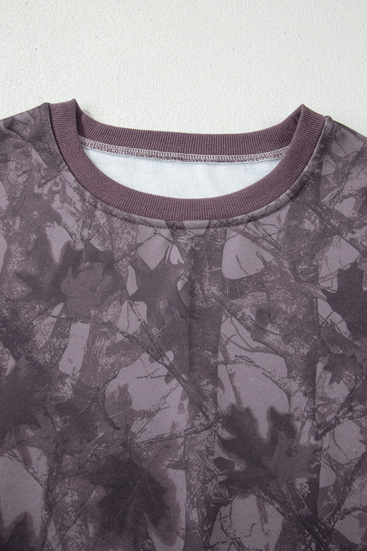 Brown Abstract Woodland Camo Print Baggy Pullover Drawstring Shorts Set