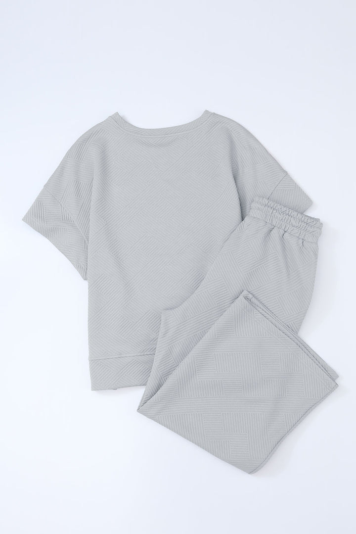 Brown Textured Loose Fit T Shirt and Drawstring Pants Set