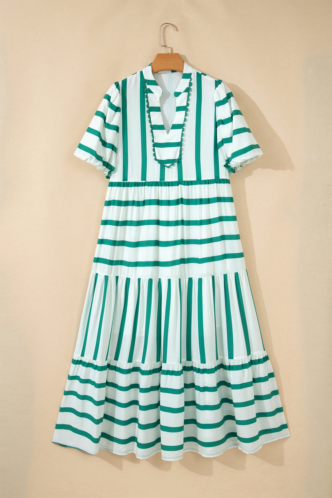 Sky Blue Stripe Ricrac Trim Notched Neck Half Sleeve Vacation Dress