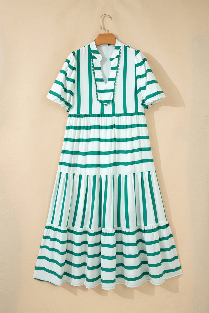 Sky Blue Stripe Ricrac Trim Notched Neck Half Sleeve Vacation Dress