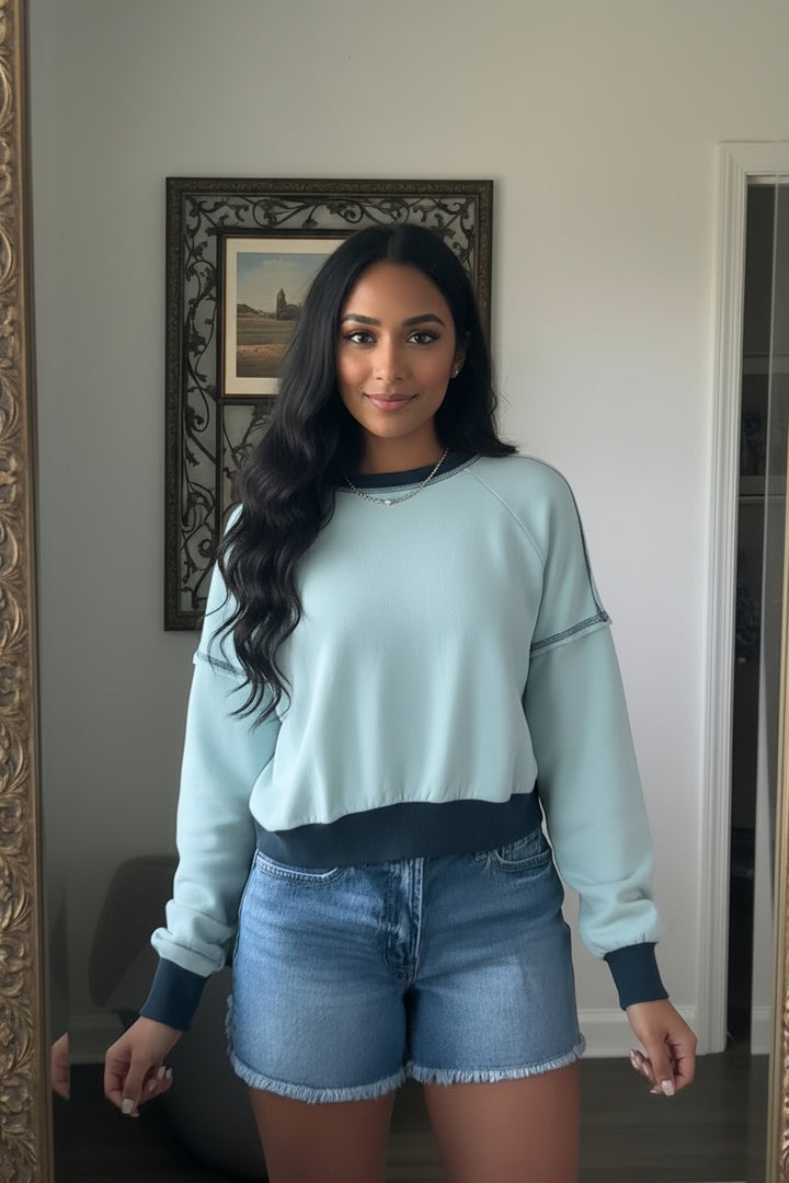 Iceland Blue Contrast Edge Colorblock Patchwork Crop Sweatshirt