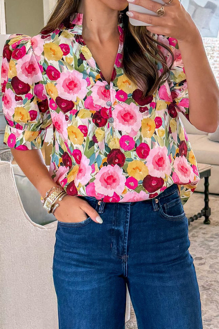 Pink Floral Frilled V Neck Puff Short Sleeve Cotton Blouse