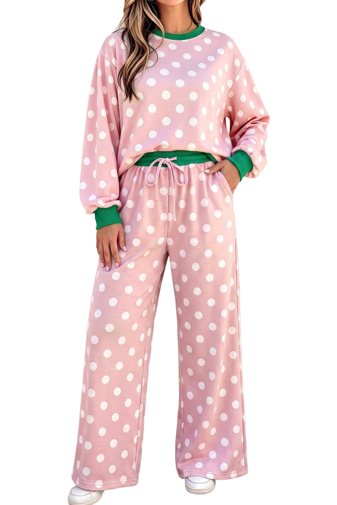 Khaki Polka Dot Contrast Trim Long Sleeve Top Drawstring Shift Pants Set