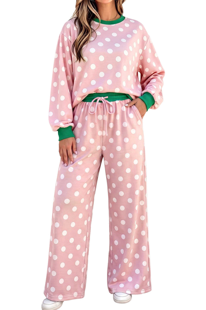 Khaki Polka Dot Contrast Trim Long Sleeve Top Drawstring Shift Pants Set