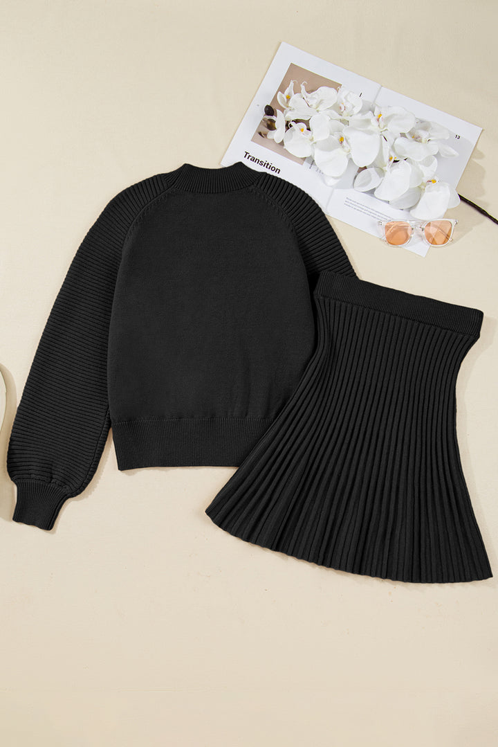 Smoke Gray Lantern Sleeve Sweater Pleated Knitted Mini Skirt Set