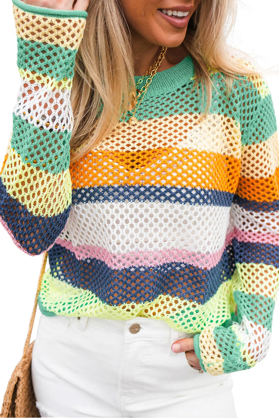 Green Colorblock Patchwork Knit Crochet Eyelet Sweater | Women