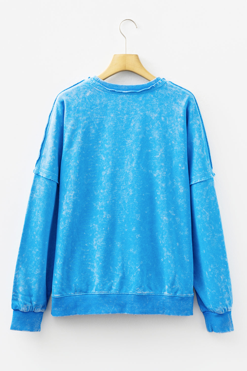 Blue Mineral Wash Raw Seam Double Patched Pocket Pullover Sweatshirt
