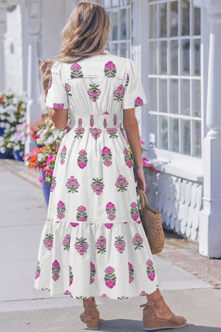 Green Floral Print Split Neck Shirred High Waist Ruffle Hem Maxi Dress