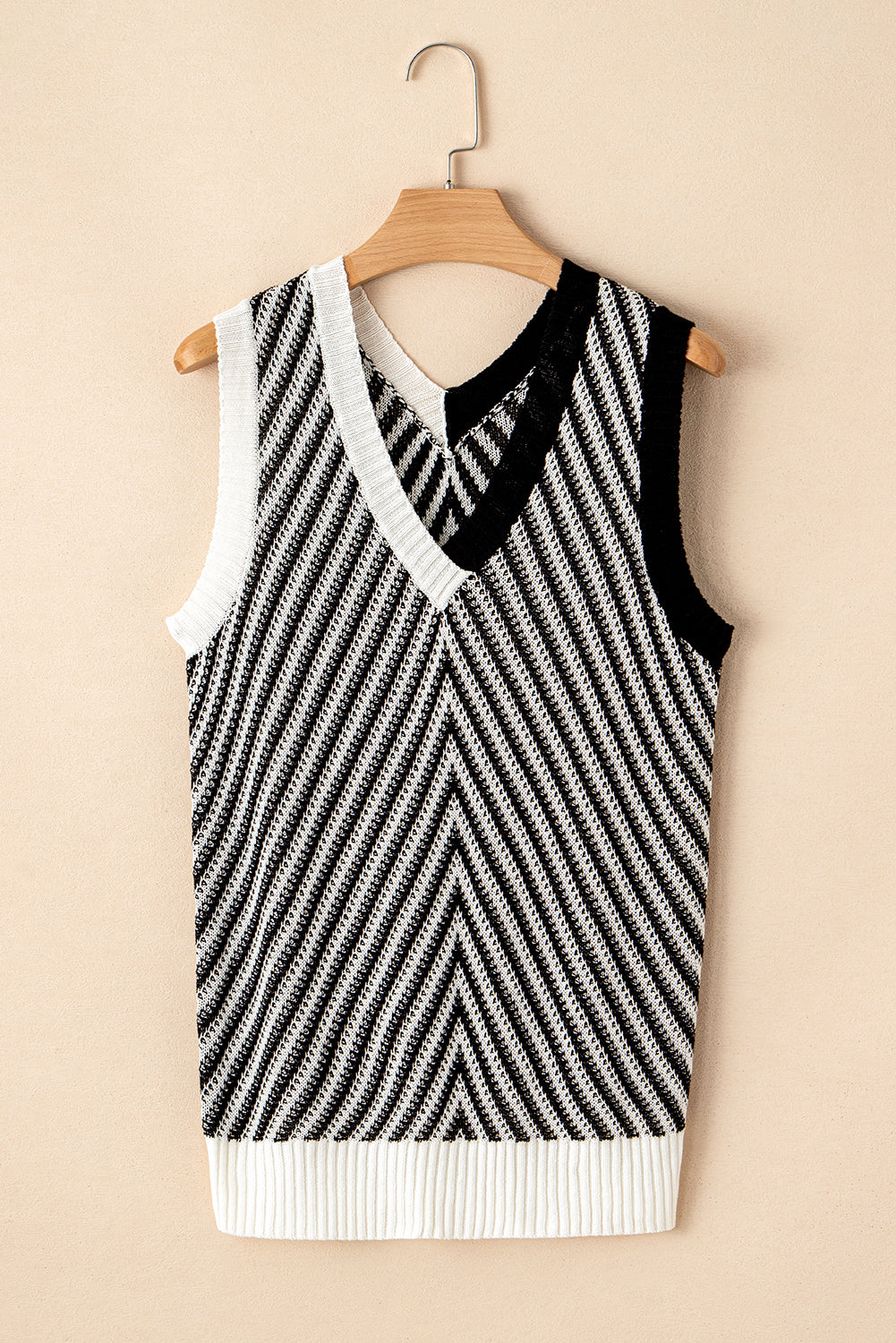 Black Contrast Chevron Knit V Neck Sweater Vest