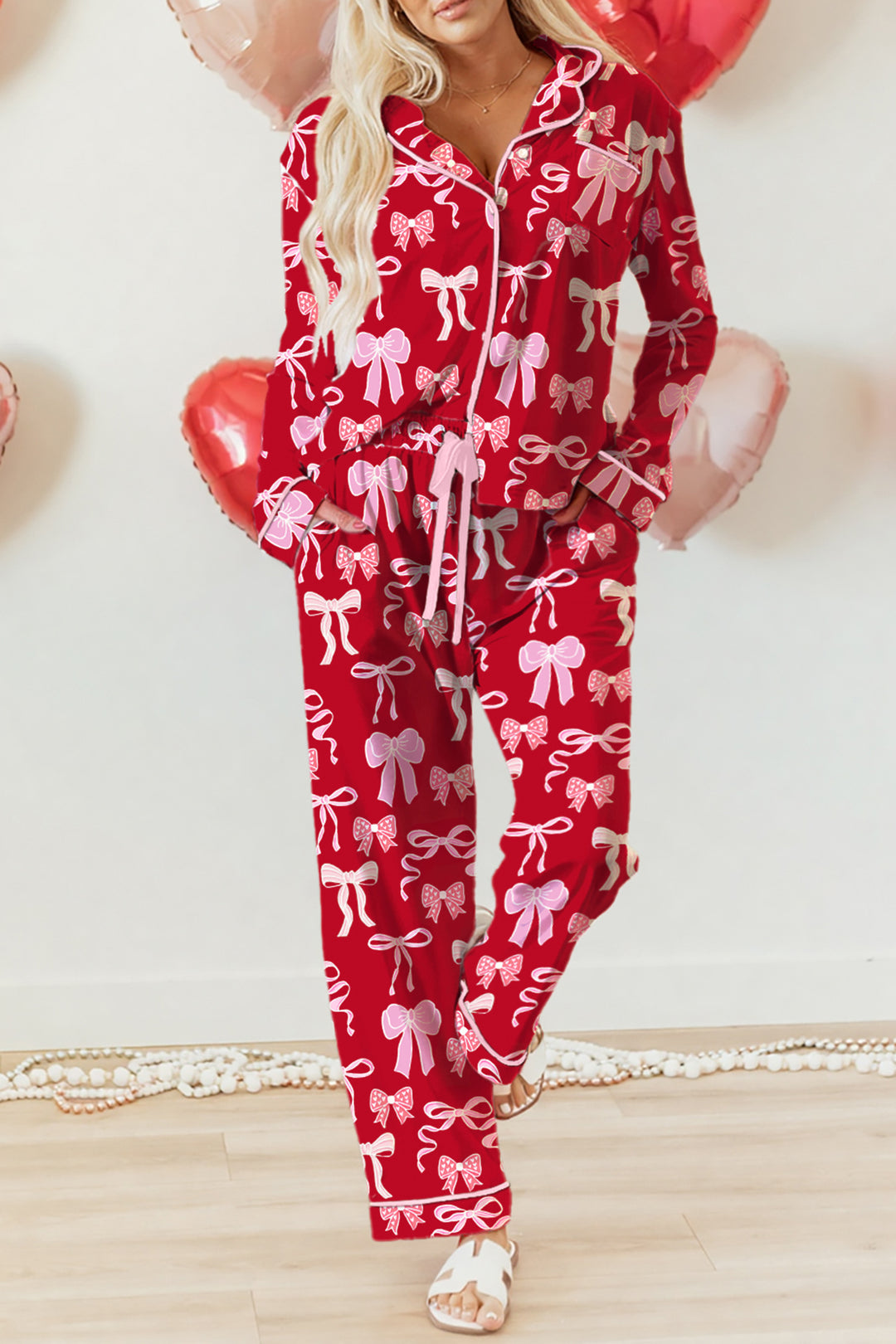 Red Sweet Bow Print Shirt Style Top Long 2pcs Pajama Set