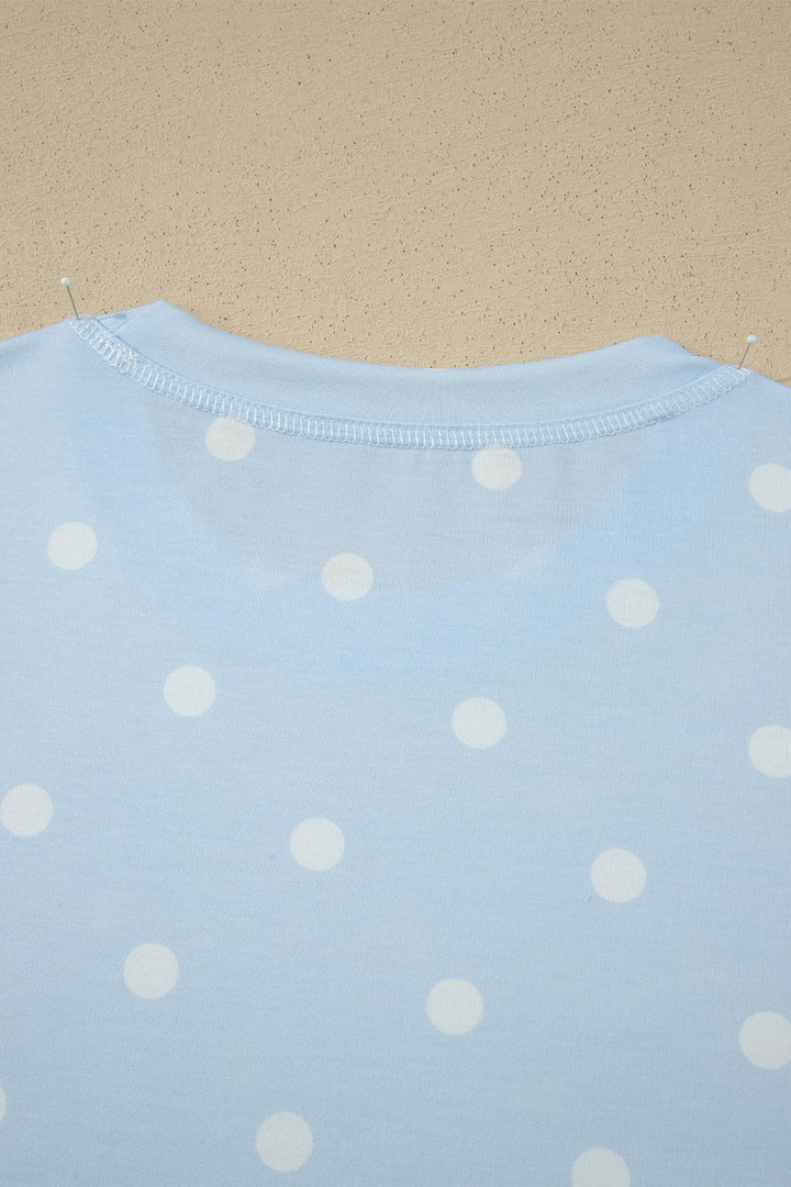 Sky Blue Exposed Seam Detail Polka Dot Loose Tee Drawstring Shorts Set