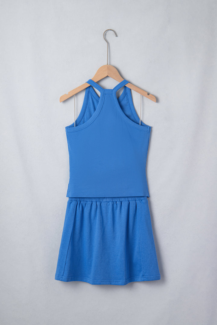 Sky Blue Slim Tank Top Elastic Waist Mini Skort 2pcs Outfit