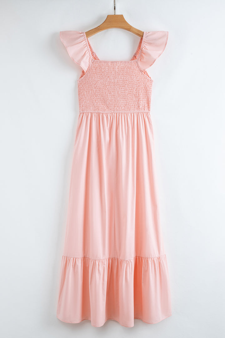 Pink V Neck Flutter Sleeve Smocked Bodice High Waist Ruffle Maxi Dress