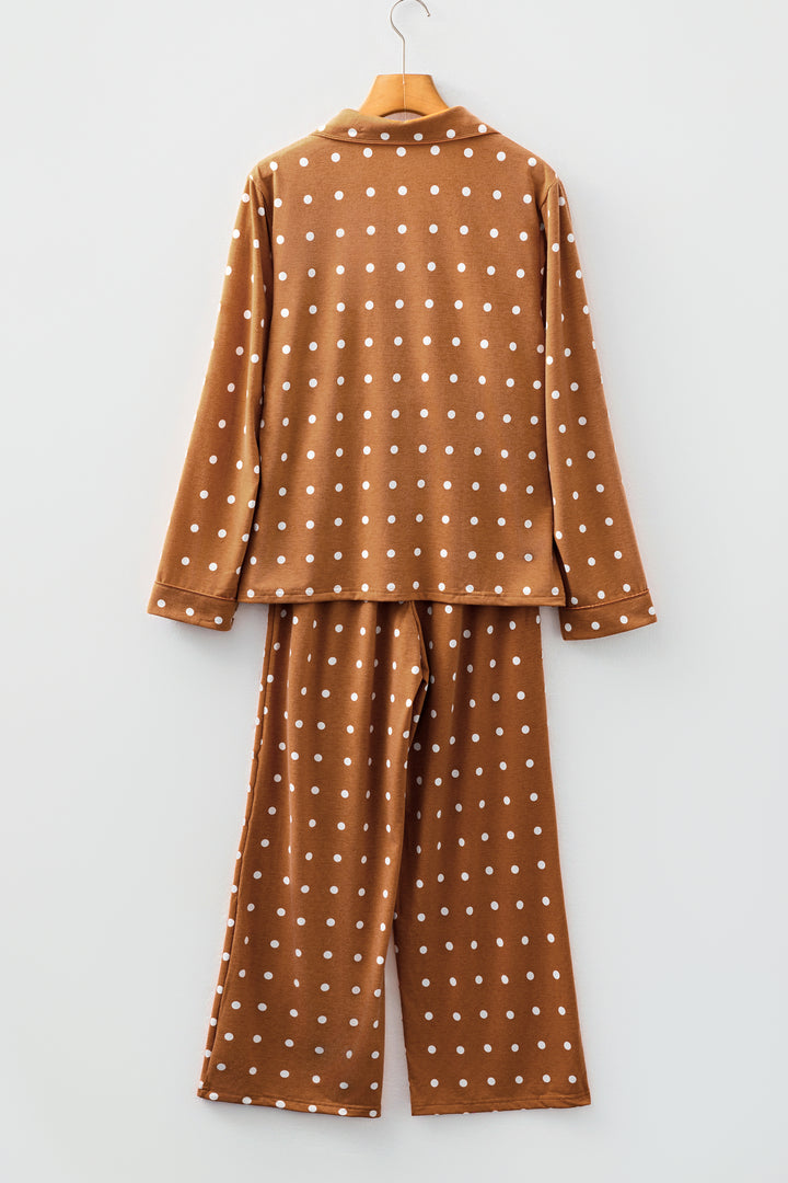 Brown Polka Dot Print Long Sleeve Shirt Pant 2pcs Pajama Set