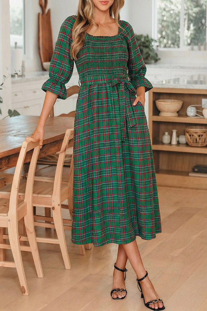 Green Tartan Plaid Square Neck Puff Sleeve Knot Waist Flared Midi Dress