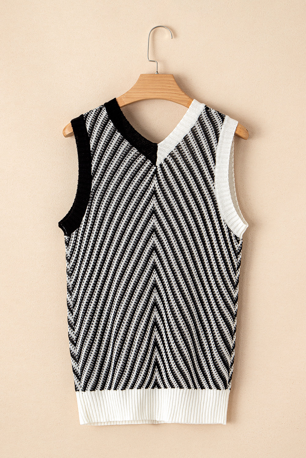 Black Contrast Chevron Knit V Neck Sweater Vest