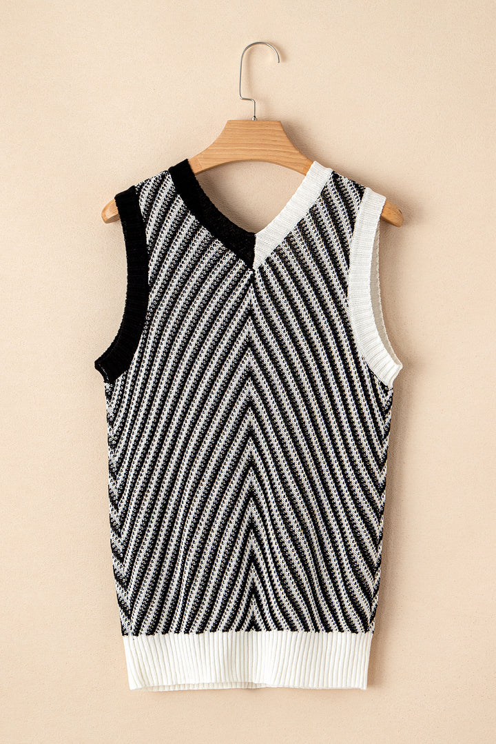 Black Contrast Chevron Knit V Neck Sweater Vest
