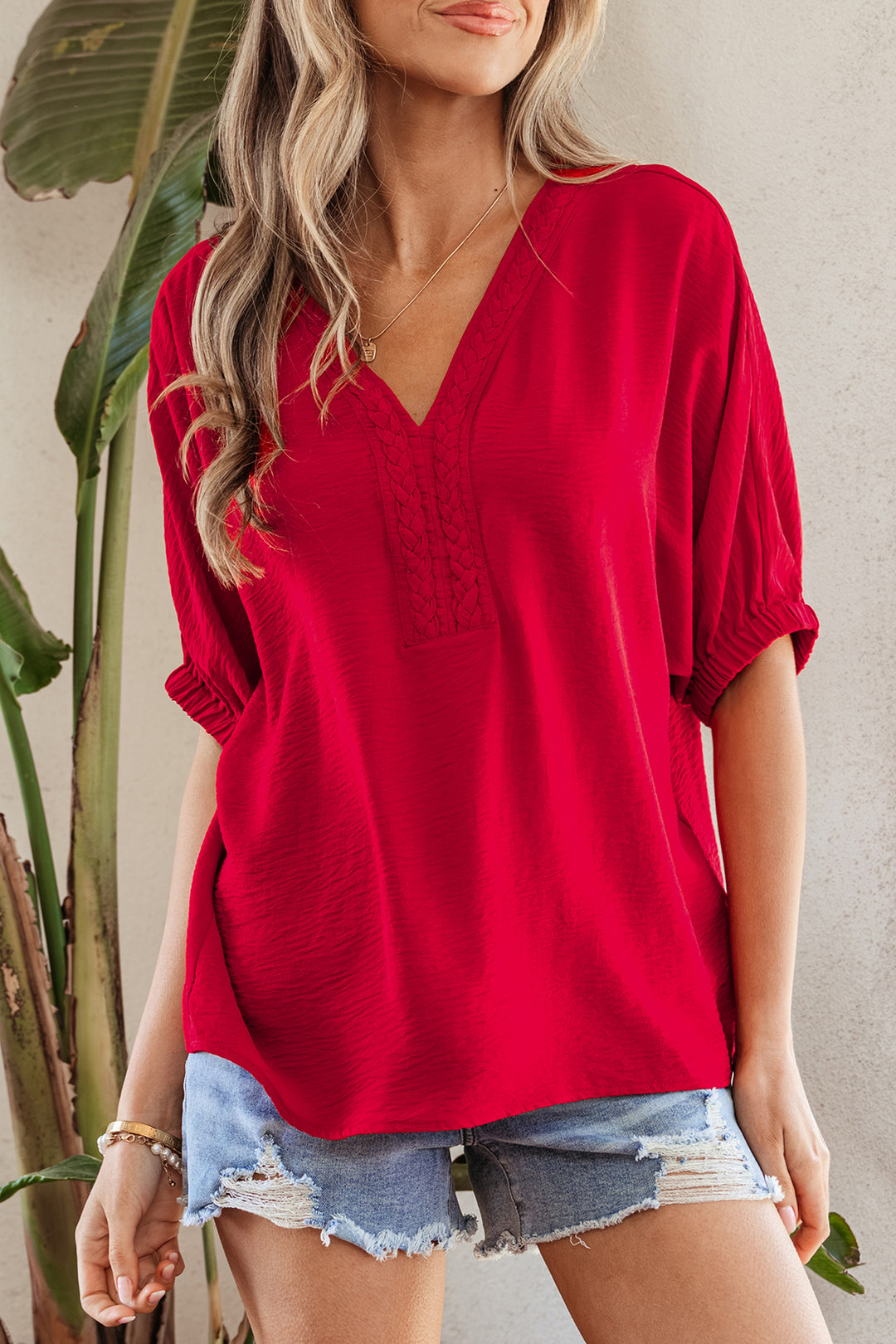 Racing Red Braided Trim V Neck Half Sleeve Blouse