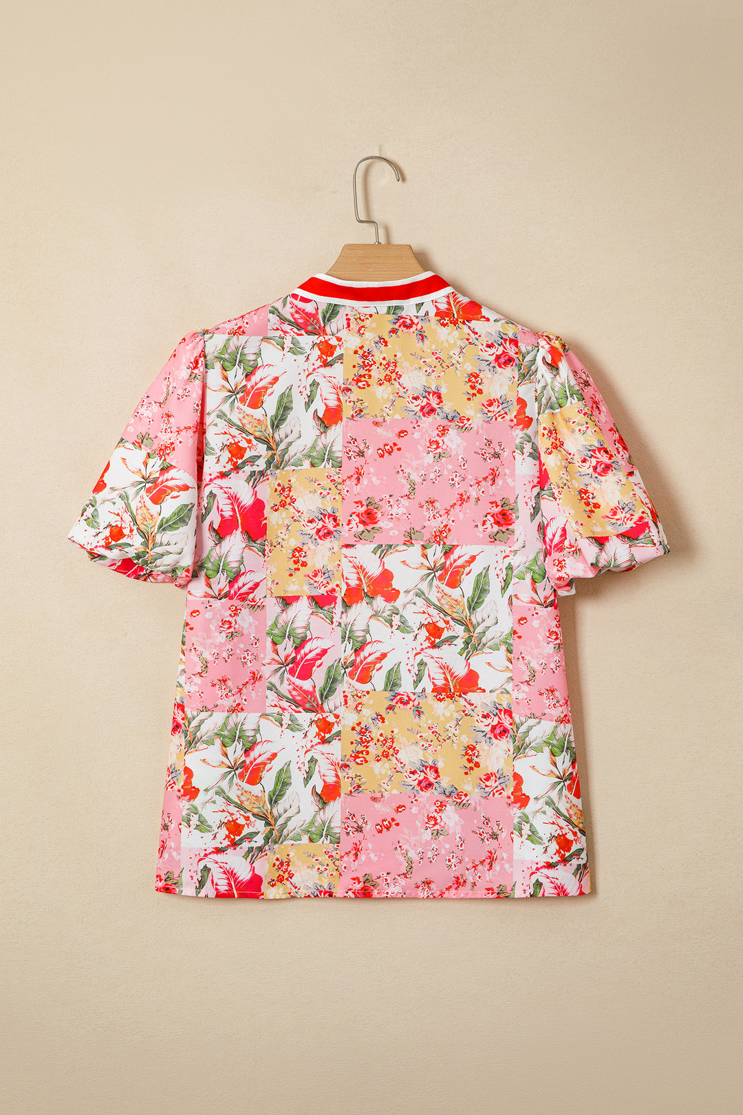 Pink Contrast Collared V Neck Short Sleeve Floral Blouse