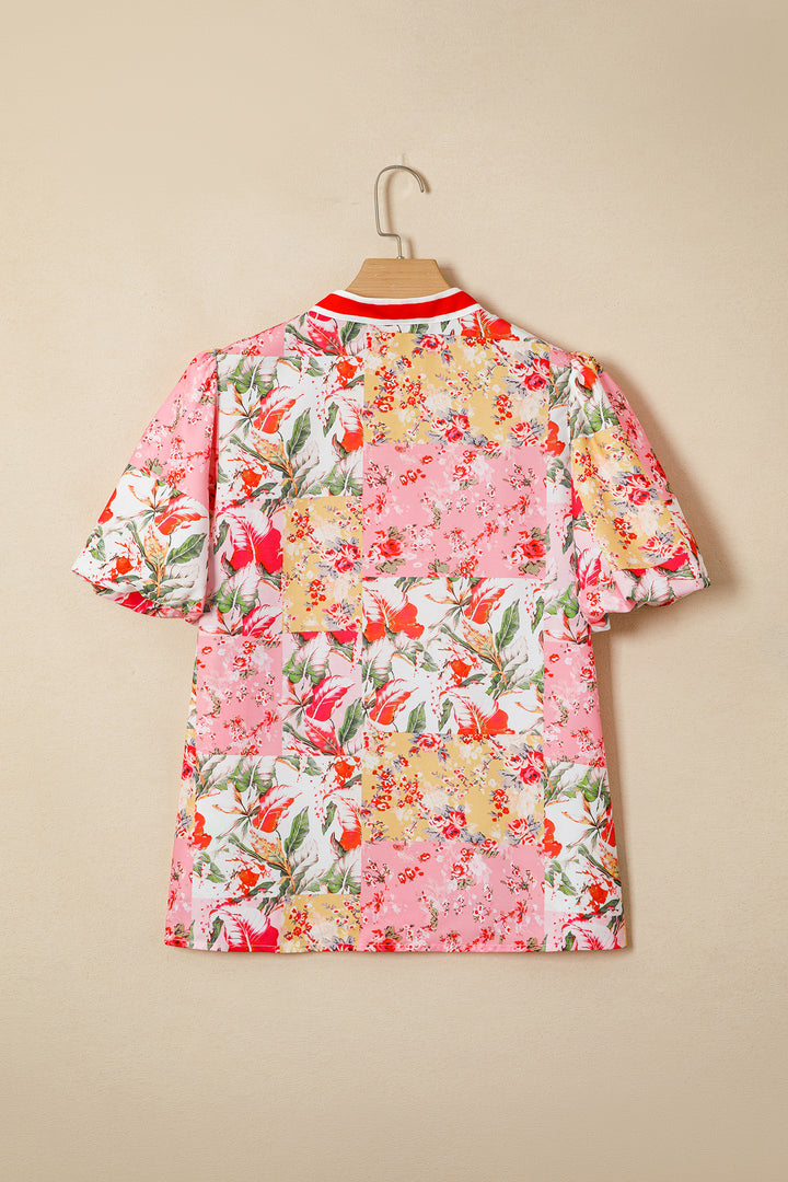 Pink Contrast Collared V Neck Short Sleeve Floral Blouse