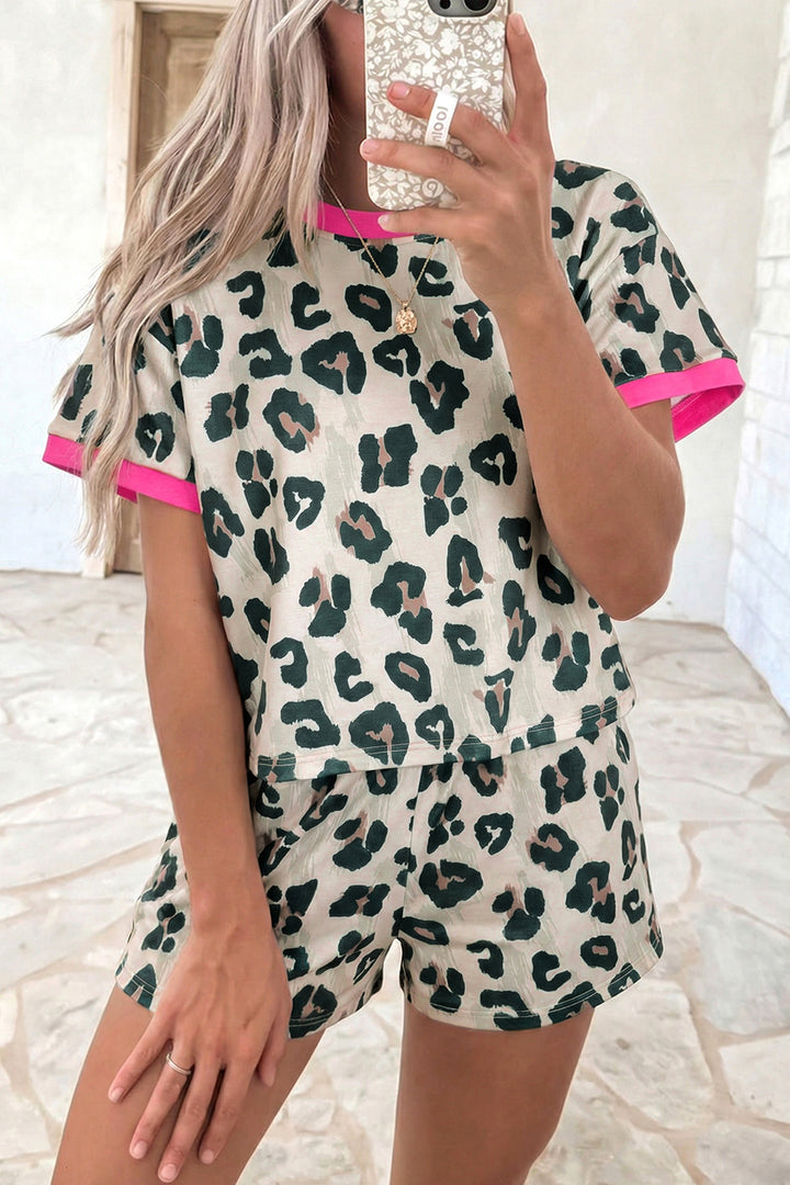 Rose Unique Leopard Print Contrast Trim Top Loose 2pcs Short Set