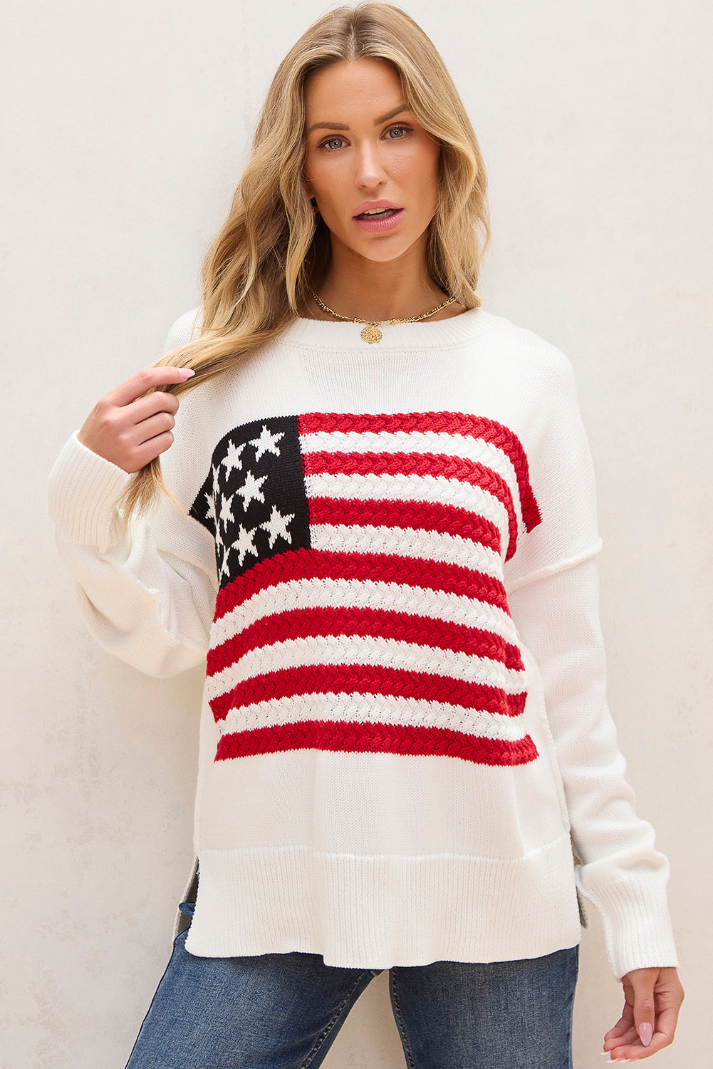 White American Flag Cable Knit Drop Shoulder Sweater | Women