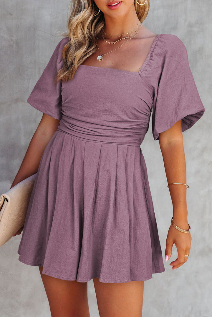 Valerian Cotton Square Neck Ruched Puff Sleeve Romper