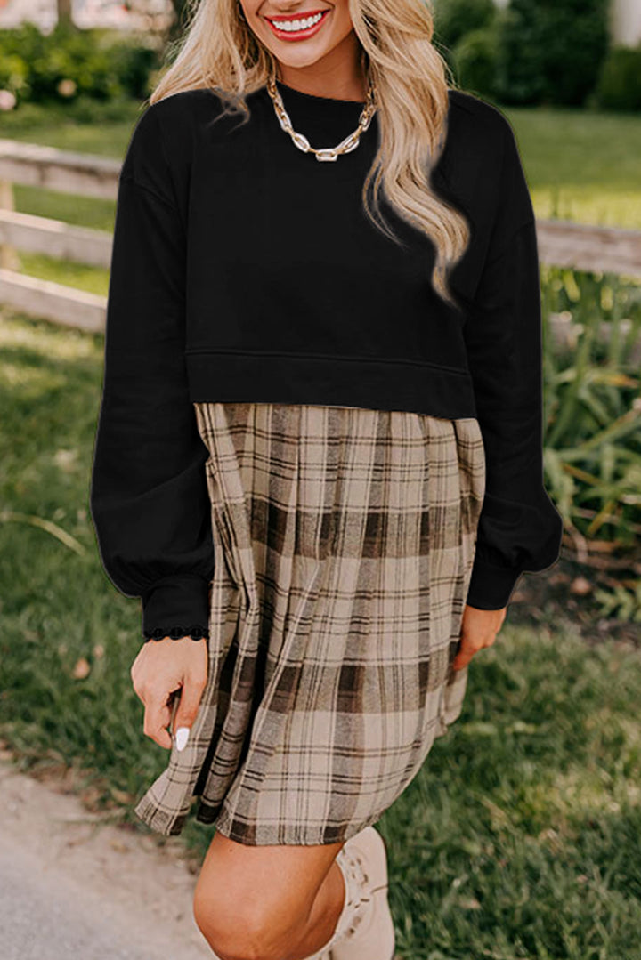 Black Plaid Patchwork High Waist Sweatshirt Mini Dress