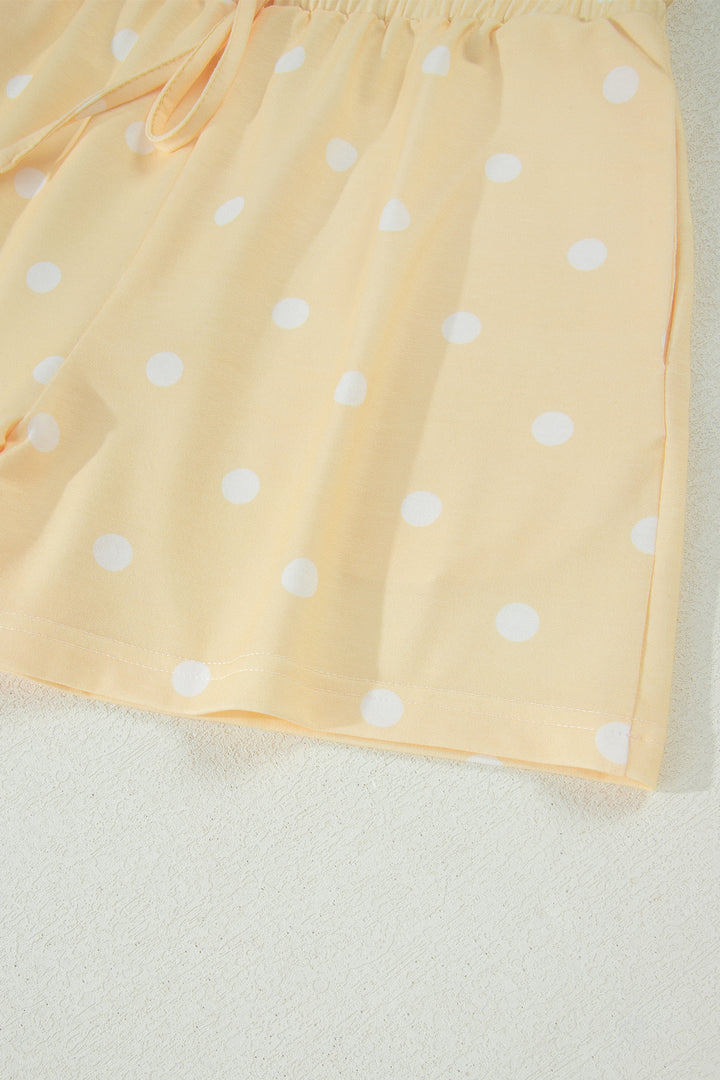 Yellow Exposed Seam Detail Polka Dot Loose Tee Drawstring Shorts Set