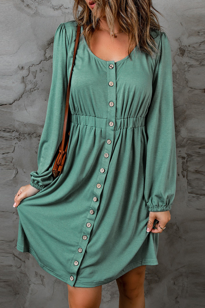 Black Button Up High Waist Long Sleeve Dress copy