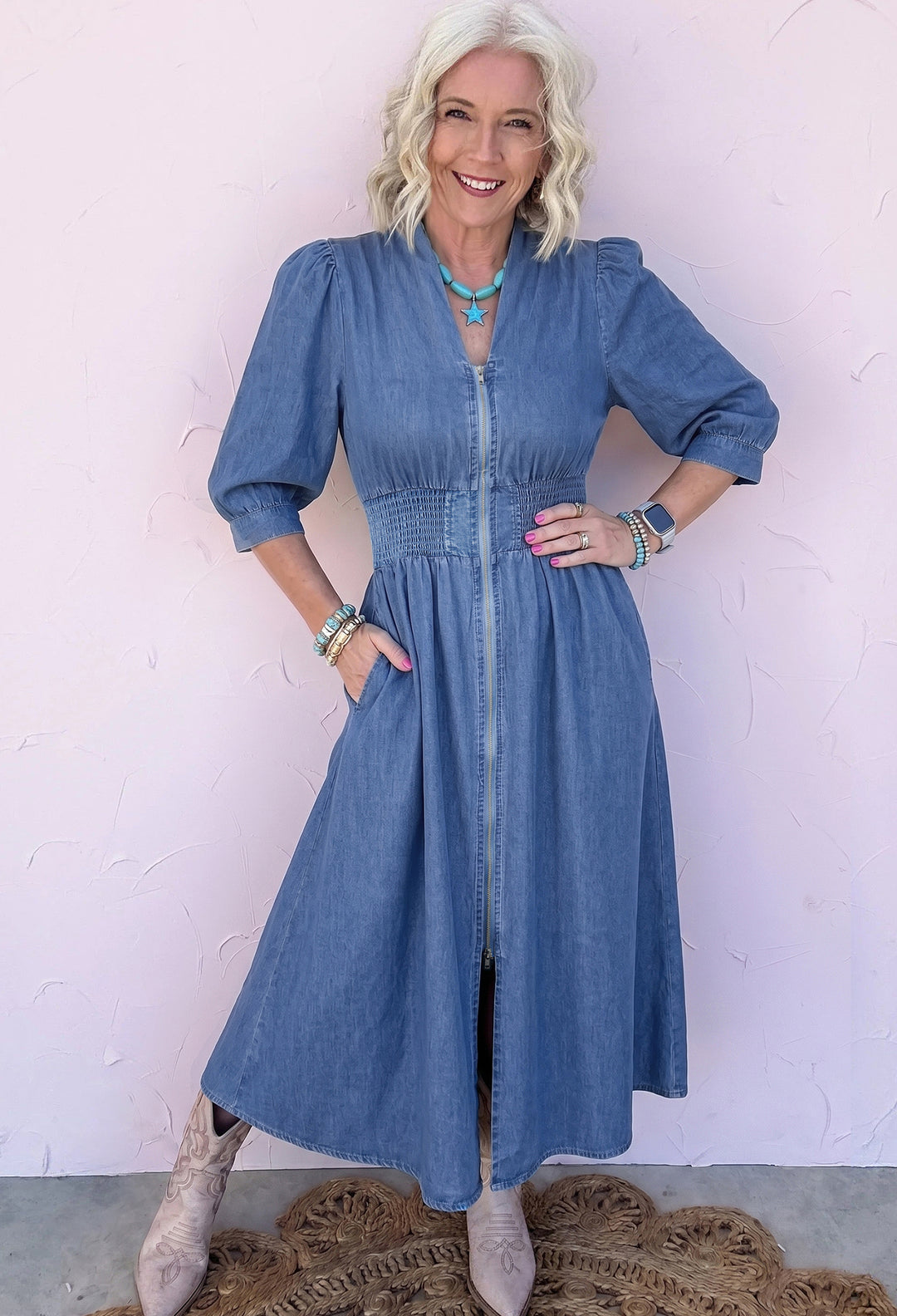 Blue V Neck Shirred Waist Metal Zipper Denim Midi Dress – Errabelly
