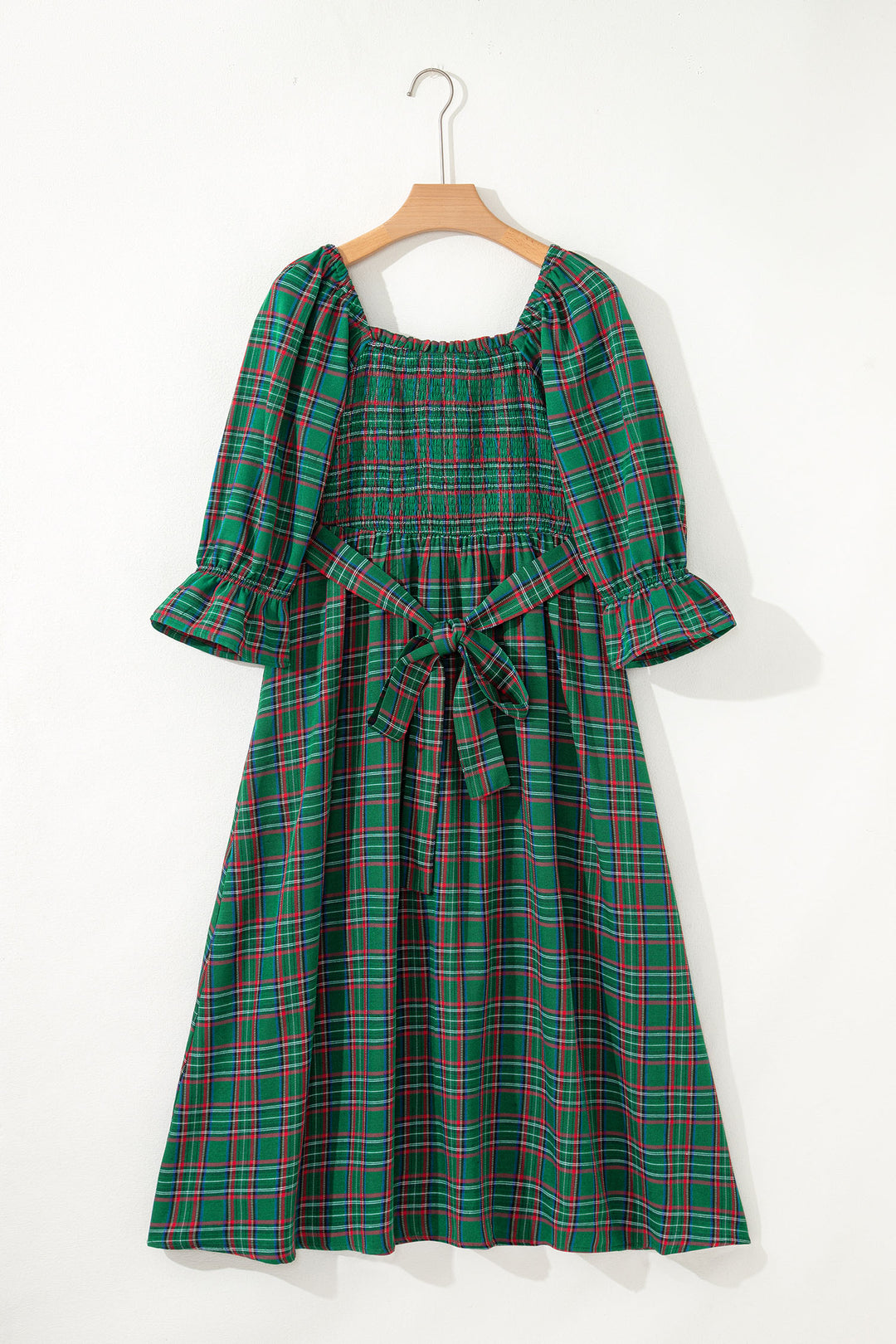 Green Tartan Plaid Square Neck Puff Sleeve Knot Waist Flared Midi Dres Errabelly Green Tartan Plaid Square Neck Puff Sleeve Knot Waist Flared Midi Dres Errabelly