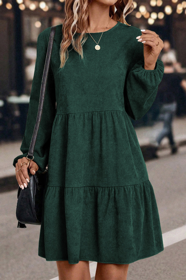 Dark Brown Lantern Sleeve Tiered Mini Dress