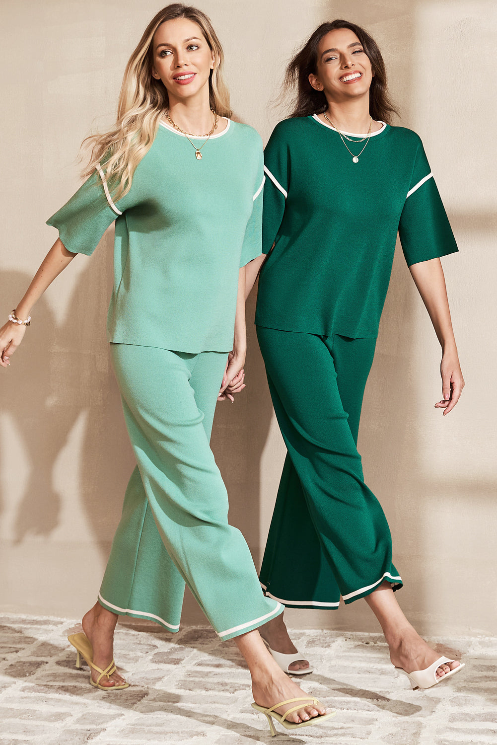 Canton Contrast Trim Half Sleeve Top Drawstring Pants Loose 2pcs Sweater Suit