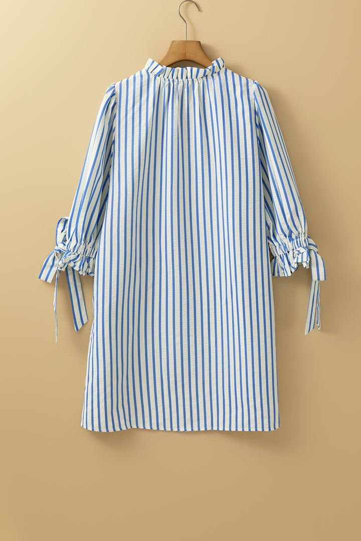 Sky Blue Stripe Knotted Bracelet Sleeve Notched Neck Shift Mini Dress