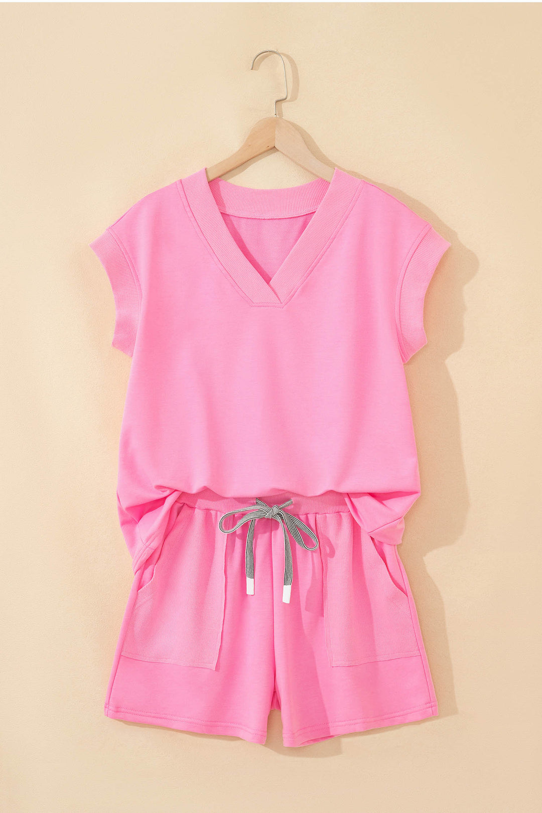 Sachet Pink V Neck Short Sleeve Top Drawstring Shorts 2pcs Set