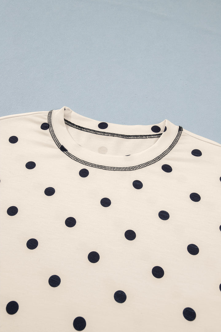 White Exposed Seam Detail Polka Dot Loose Tee Drawstring Shorts Set