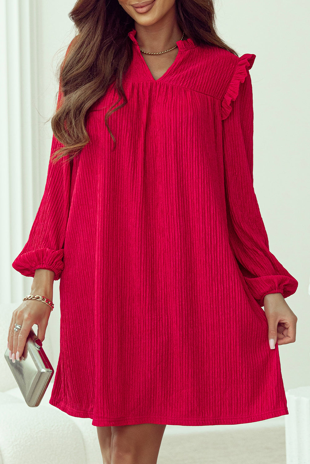 Fiery Red Textured Ruffled Trim V Neck Loose Fit Mini Dress