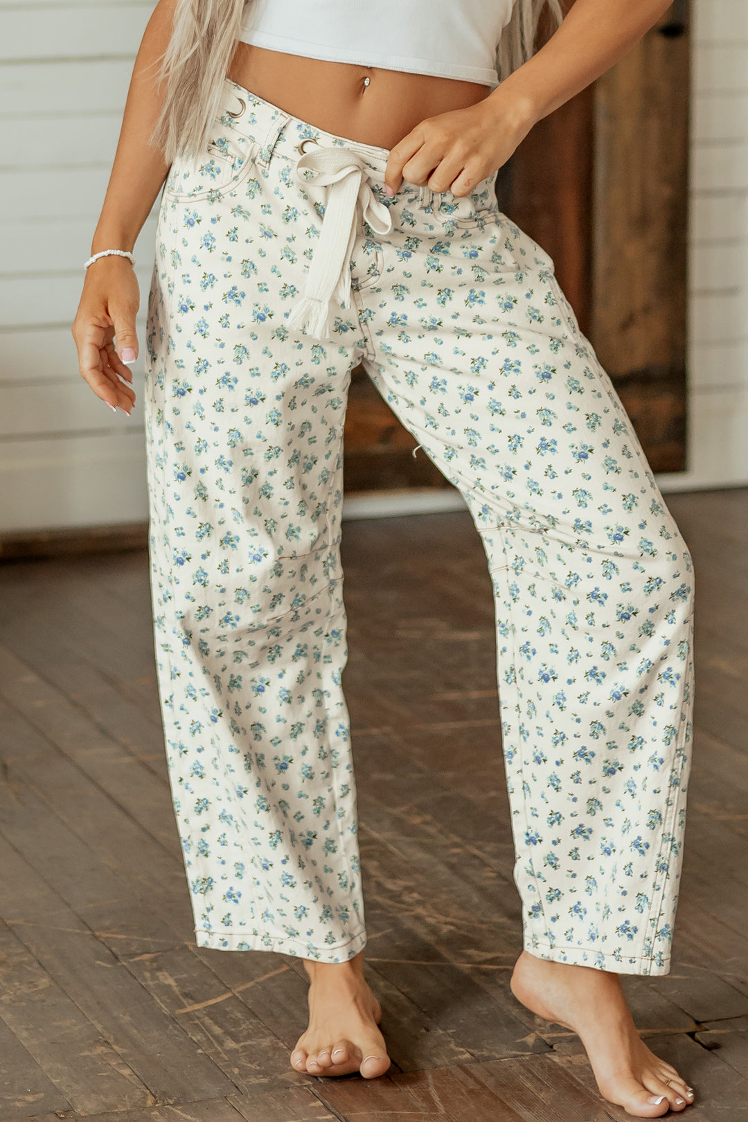 Beige Grommet Knot Waist Floral Barrel Leg Jeans