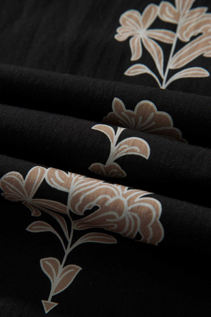 Black Floral Print Frilled Collar Short Puff Sleeve Maxi Dress