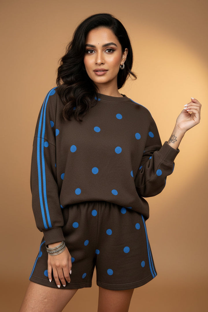 Brown Polka Dot Print Varsity Striped Detail Long Sleeve Top Short Set