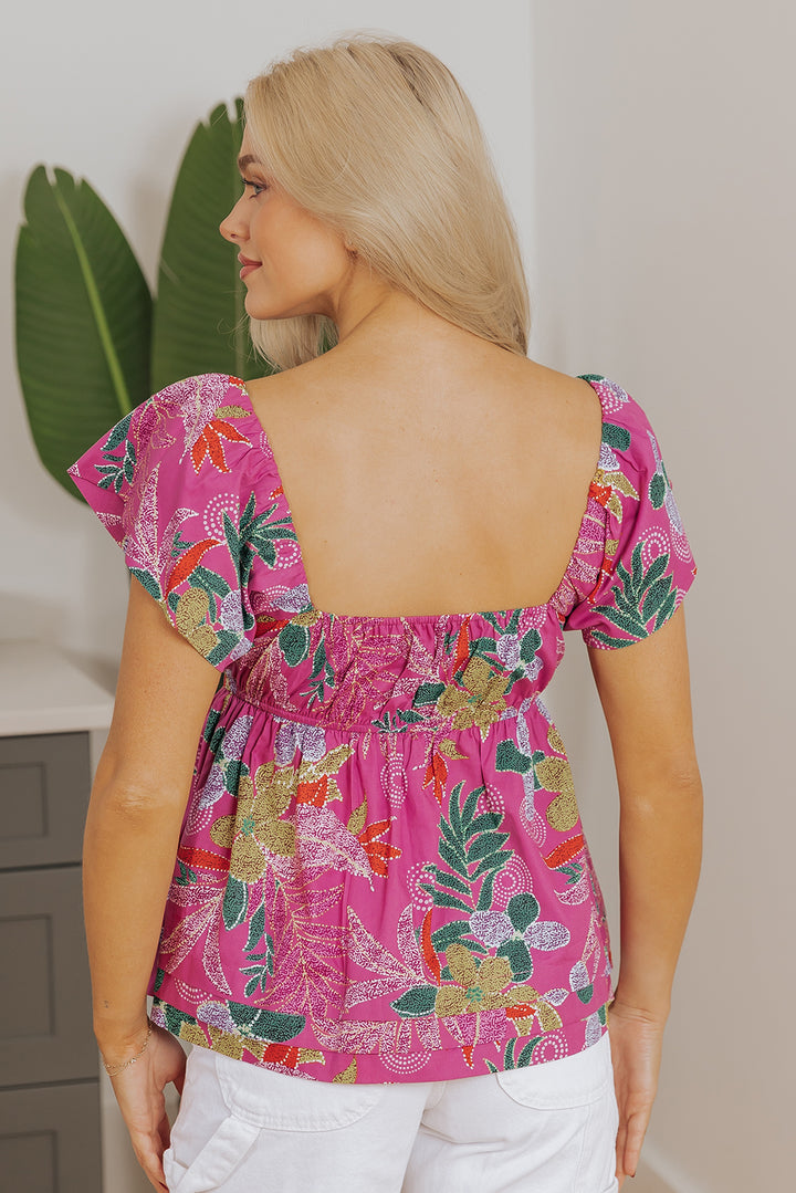 Purple Floral Print Sweetheart Neck Flutter Sleeve Blouse