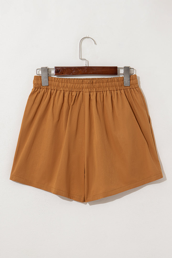 Khaki Embroidered Boho Tasseled Drawstring Elastic Waistband Casual shorts